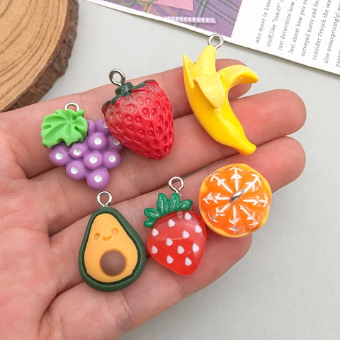 Cute Resin Fruit Pendants For DIY Jewelry Making Strawberry Grape Banana Lemon Avocado Orange Cartoon Charms Accessories