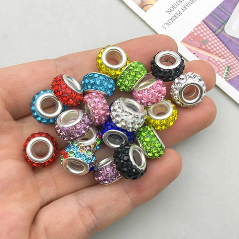 Cuentas de Agujero Grande con Diamantes de Imitación Redondos Resina Pavé Cristal Espaciador Charms para Joyería DIY