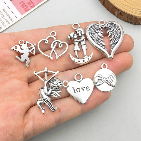 Vintage Antique Silver Zinc Alloy Heart Wing Cupid Angel Pendants For DIY Handmade Jewelry Making Necklace Findings Accessories