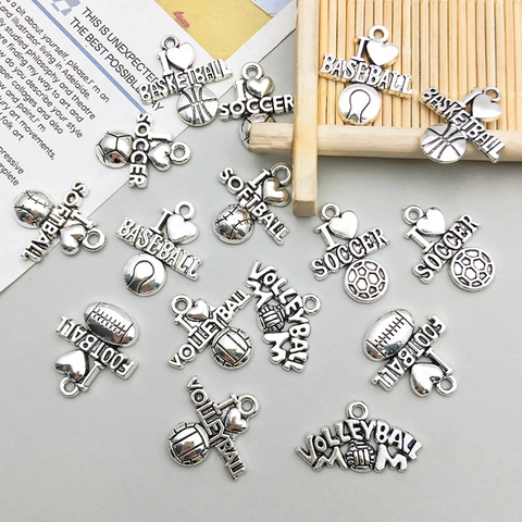 Antique Silver Zinc Alloy Heart Sports Ball Pendants For DIY Jewelry Making Basketball Soccer Volleyball Rugby Baseball Charms