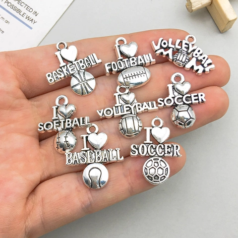 Antique Silver Zinc Alloy Heart Sports Ball Pendants For DIY Jewelry Making Basketball Soccer Volleyball Rugby Baseball Charms
