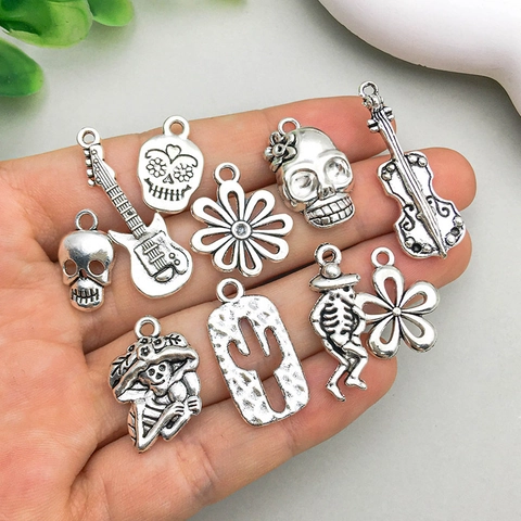 Antique Silver Zinc Alloy Halloween Skull Guitar Flower Cactus Pendants For DIY Jewelry Making Accessories Retro Charms