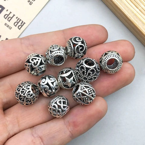 Vintage Antique Silver Zinc Alloy Large Hole Beads Hollow Heart Star Flower Design DIY Jewelry Making Charms Accessories For Bracelets