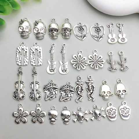 Antique Silver Zinc Alloy Halloween Skull Guitar Flower Cactus Pendants For DIY Jewelry Making Accessories Retro Charms