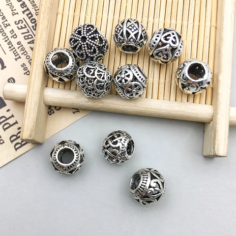 Vintage Antique Silver Zinc Alloy Large Hole Beads Hollow Heart Star Flower Design DIY Jewelry Making Charms Accessories For Bracelets