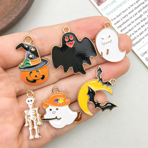Halloween Cartoon Drip Oil Zinc Alloy Pendants Charms For DIY Jewelry Making Cute Pumpkin Ghost Bat Castle Pendant Set