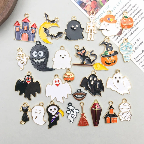 Halloween Cartoon Drip Oil Zinc Alloy Pendants Charms For DIY Jewelry Making Cute Pumpkin Ghost Bat Castle Pendant Set