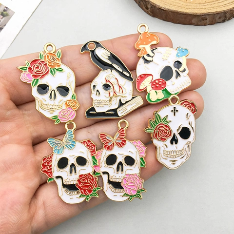 Halloween Zinc Alloy Enamel Skull Charms Vintage Gothic Rose Mushroom Crow Butterfly Skeleton Pendants For DIY Jewelry Making Accessories