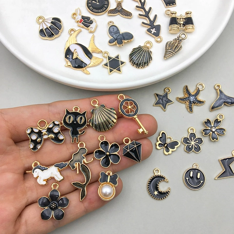 Mixed Black Enamel Zinc Alloy Charms For DIY Jewelry Making Fish Tail Star Heart Butterfly Clock Animal Pendants Craft