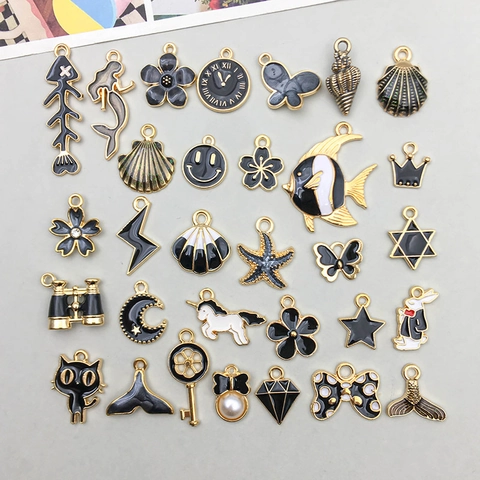 Mixed Black Enamel Zinc Alloy Charms For DIY Jewelry Making Fish Tail Star Heart Butterfly Clock Animal Pendants Craft