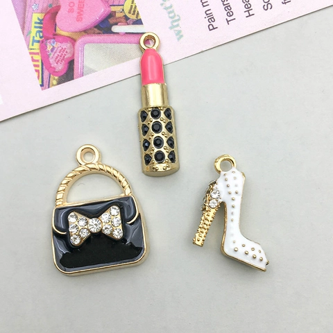 Enamel Alloy High Heels Lipstick Bag Pendant Charms For DIY Jewelry Making Women Handbag Accessory With Rhinestone And Artificial Pearl