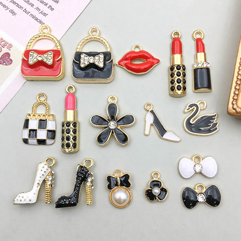 Enamel Alloy High Heels Lipstick Bag Pendant Charms For DIY Jewelry Making Women Handbag Accessory With Rhinestone And Artificial Pearl