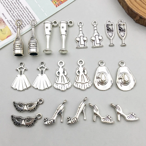Antique Silver Alloy Party Theme Charms Set Wine Bottle Glass Mask Dress Hat Shoes Pendants For DIY Jewelry Making Crafts