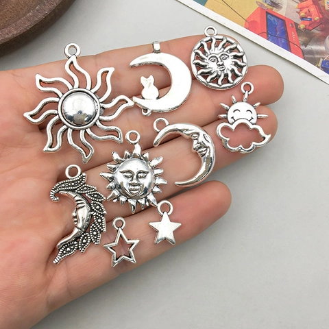 Colgantes Celestiales Vintage de Aleación de Zinc Plata Antigua para Creación de Joyas DIY Pulsera Collar Sol Luna Estrella