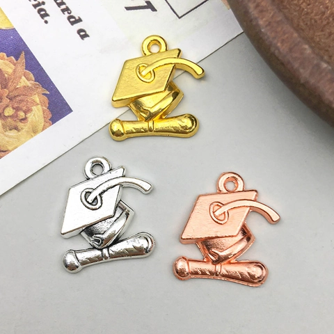 Vintage Zinc Alloy Graduation Mortarboard Hat Scroll Pendants For DIY Jewelry Making Electroplated Doctoral Cap Charms
