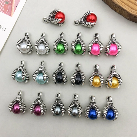 Vintage Zinklegering Drakenklauw Hanger Met Kunstparel Antiek Zilver DIY Sieraden Maken Accessoires Veelkleurige Bedel Voor Ketting Armband Oorbellen
