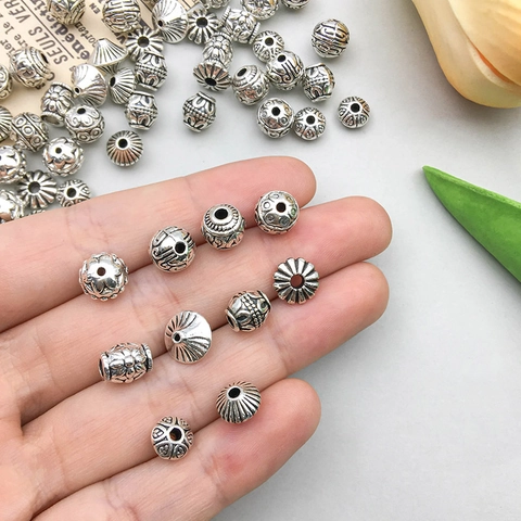 Antique Silver Zinc Alloy Round Spacer Beads Retro Geometric Texture Metal Loose Beads For DIY Bracelet Necklace Jewelry Making Accessories