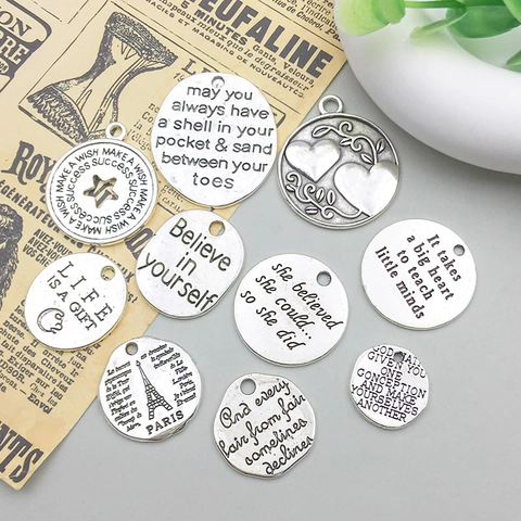 Antique Silver Alloy Charms Vintage English Quote Letter Pendant Paris Tower Tree Heart For DIY Jewelry Finding