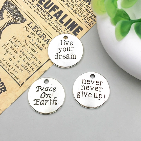 Antique Silver Alloy Round Inspirational Quote Pendants For DIY Jewelry Making Necklaces Engraved Letter Hanging Charms