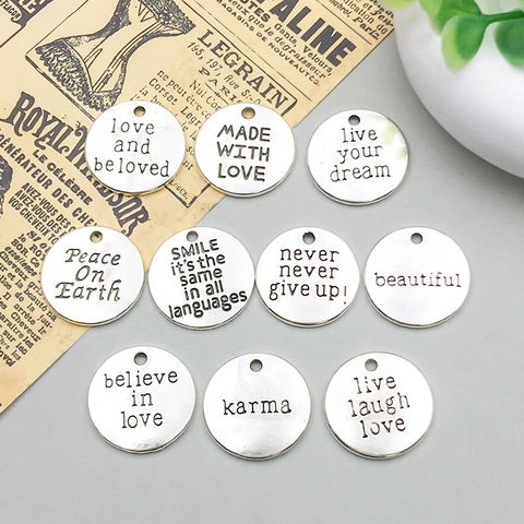 Antique Silver Alloy Round Inspirational Quote Pendants For DIY Jewelry Making Necklaces Engraved Letter Hanging Charms
