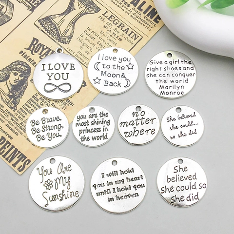 Vintage Round Zinc Alloy Inspirational Quote Pendants Antique Silver Engraved Letter Charms For DIY Necklace Bracelet Jewelry Making Gift For Women
