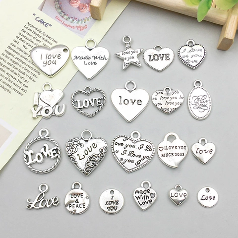 Vintage Zinc Alloy Love Heart Charms Pendants For DIY Jewelry Making Made With Love I Love You Letter Pendant Accessories