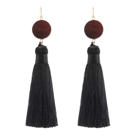 Bohemian Vintage Long Black Tassel Wood Earrings For Women Handmade Ethnic Fringe Drop Earrings Geometric Graduation Jewelry