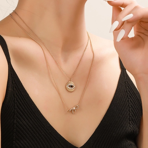 Collier Double Couche Pendentif Mauvais Œil Nœud Alliage Strass Perle Artificielle Or Argent Femmes Bijoux