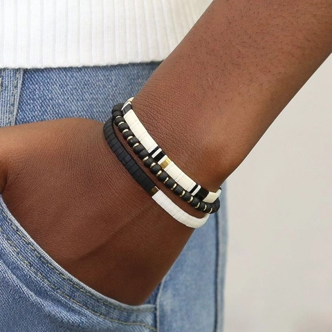 Handmade Matte Black Tila Beads Beaded Bracelet Set For Men Women Boho Beach Style Stackable Stretch Jewelry Fashion Gift