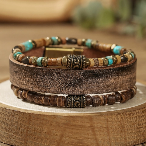 Men's Vintage Bohemian Multi-Layer Leather Bead Bracelet Set Handmade Ethnic Turquoise Wood Bead Stone Alloy Jewelry