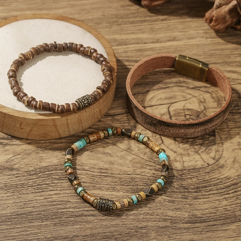 Men's Vintage Bohemian Multi-Layer Leather Bead Bracelet Set Handmade Ethnic Turquoise Wood Bead Stone Alloy Jewelry