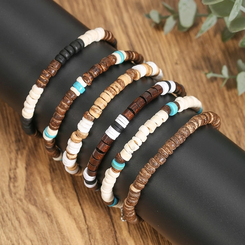Boheems Etnisch Kralen Armband Voor Heren Dames Natuurlijke Kokosnootschil Houten Kralen Verstelbaar Strand Mode Sieraden