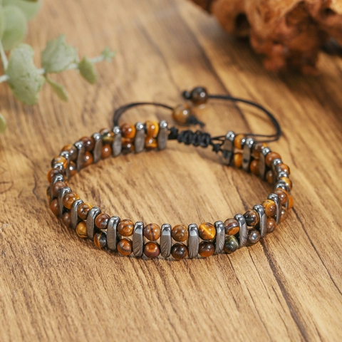 Vintage Tijgeroog Hematiet Kralen Armband Mannen Dubbele Rij Verstelbaar Gevlochten Touw Industriële Stijl Sieraden Cadeau