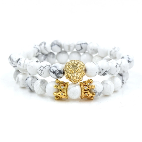 Conjunto de Pulseras de Cuentas para Hombre de Aleación con Cabeza de León Corona Strass Piedra Volcánica Turquesa Ágata Cadena de Mano Joyería de Moda Regalo Unisex