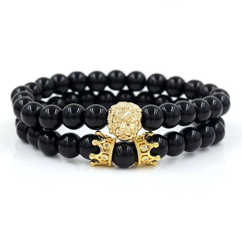 Conjunto de Pulseras de Cuentas para Hombre de Aleación con Cabeza de León Corona Strass Piedra Volcánica Turquesa Ágata Cadena de Mano Joyería de Moda Regalo Unisex