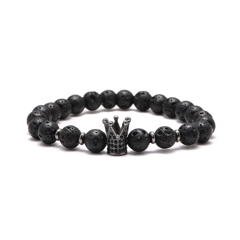 Natural Lava Stone Crown Bracelet Men Women Micro Pave Zirconia Alloy Bead Elastic Hand Chain Punk Rock Jewelry Gift