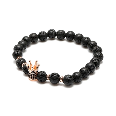 Natural Lava Stone Crown Bracelet Men Women Micro Pave Zirconia Alloy Bead Elastic Hand Chain Punk Rock Jewelry Gift