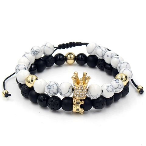 Alloy Zirconia Crown Beaded Bracelet Set For Men Women Lava Stone White Turquoise Adjustable Braided Hand Chain Jewelry