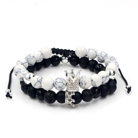 Alloy Zirconia Crown Beaded Bracelet Set For Men Women Lava Stone White Turquoise Adjustable Braided Hand Chain Jewelry