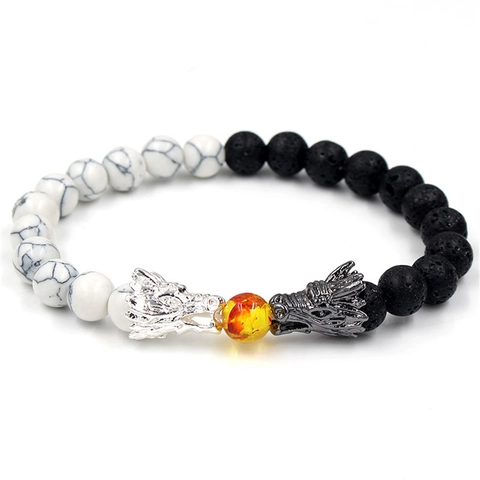 Retro Lava Stone Dragon Head Beaded Bracelet For Men Women Ethnic Style Double Dragon Handcrafted Elastic Charm Bracelet