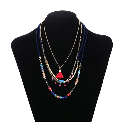 Bohemian Multilayer Beaded Chain Necklace Women Ethnic Style Plastic Resin Alloy Red Tassel Pendant Vacation Jewelry Gift