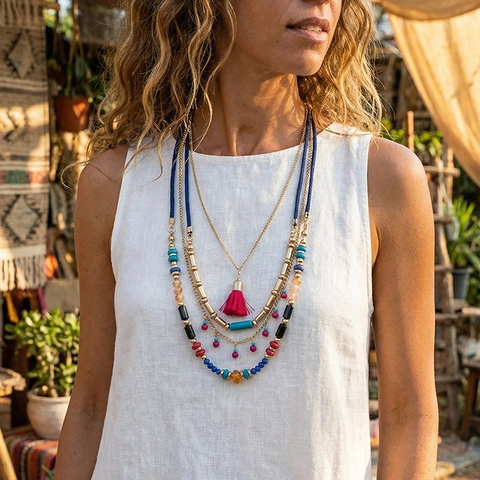 Bohemian Multilayer Beaded Chain Necklace Women Ethnic Style Plastic Resin Alloy Red Tassel Pendant Vacation Jewelry Gift