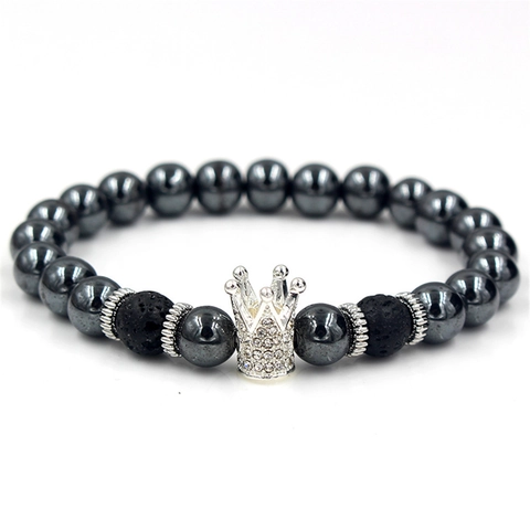 Beaded Bracelet Hematite Lava Stone Alloy Cubic Zirconia Crown Animal Charm Elastic Retro Punk Jewelry For Men