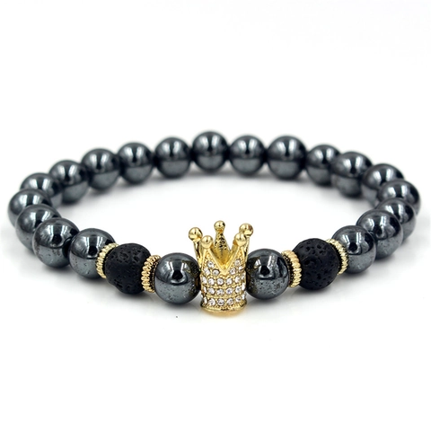 Beaded Bracelet Hematite Lava Stone Alloy Cubic Zirconia Crown Animal Charm Elastic Retro Punk Jewelry For Men