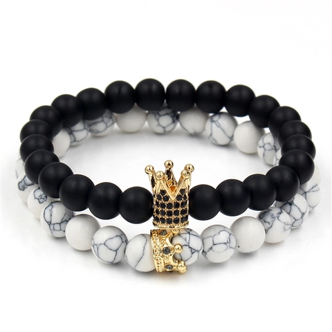 Beaded Bracelet For Couples Matte Black Stone White Turquoise Alloy Zirconia Crown Elastic Strand Fashion Jewelry Accessories