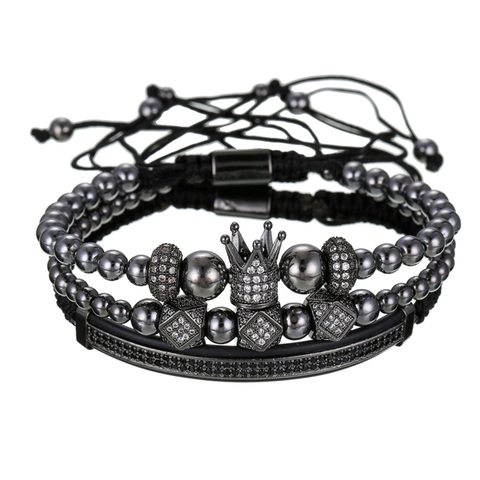 Ensemble de 3 Bracelets de Luxe en Perles de Cuivre Zircone Couronne Losange Pour Hommes Cordon Tissé Réglable Bijoux de Mode