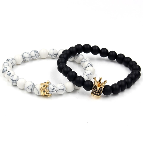Beaded Bracelet For Couples Matte Black Stone White Turquoise Alloy Zirconia Crown Elastic Strand Fashion Jewelry Accessories