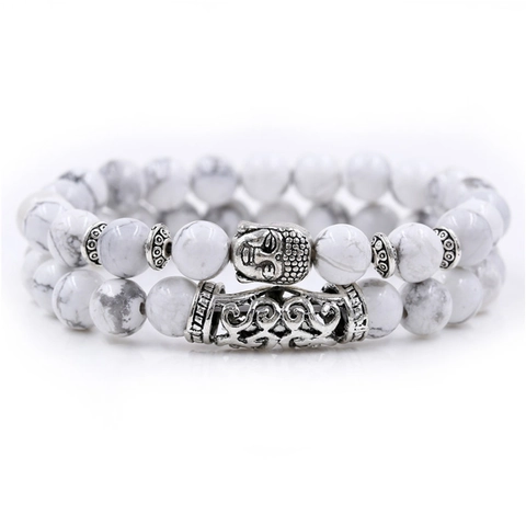 Buddha Head Natural Stone Beads Bracelet Set Ethnic Bohemian Alloy Hollow Tube Elastic Hand Chain For Men Women Jewelry
