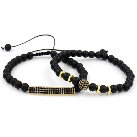 Men Matte Black Agate Beaded Bracelet Set Adjustable Woven Cord Alloy Rhinestone Ball Bar Charm Fashion Jewelry Gift