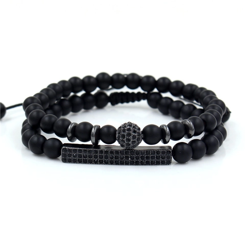 Men Matte Black Agate Beaded Bracelet Set Adjustable Woven Cord Alloy Rhinestone Ball Bar Charm Fashion Jewelry Gift